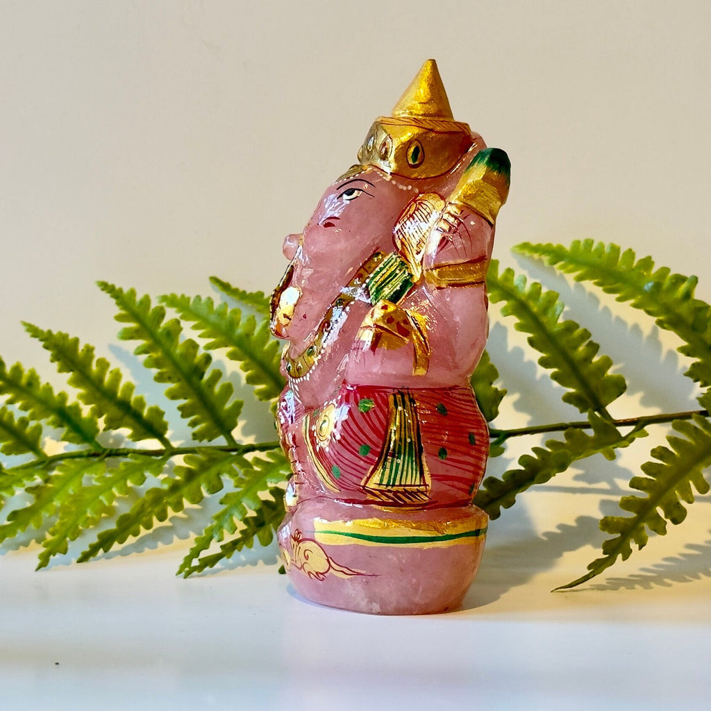 Rose Quartz Painted Ganesha Carving.