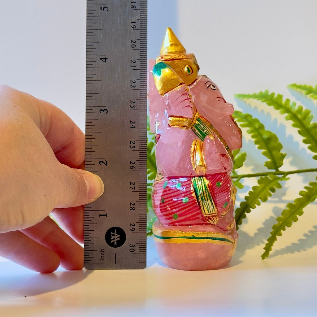 Rose Quartz Painted Ganesha Carving.