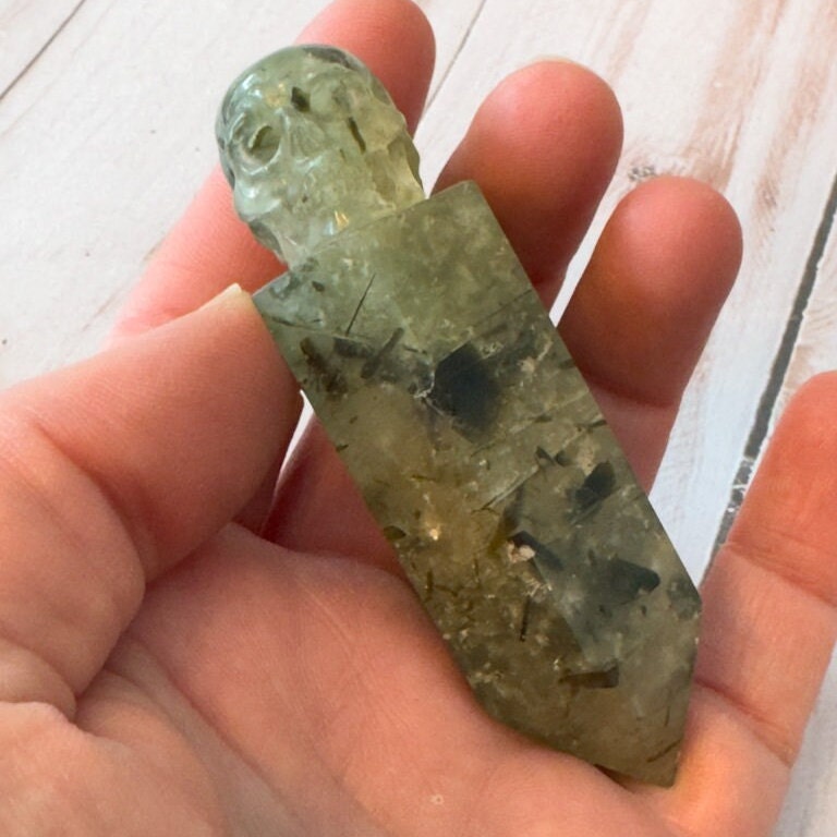 Prehnite Skull Wand Carved by Artifactual