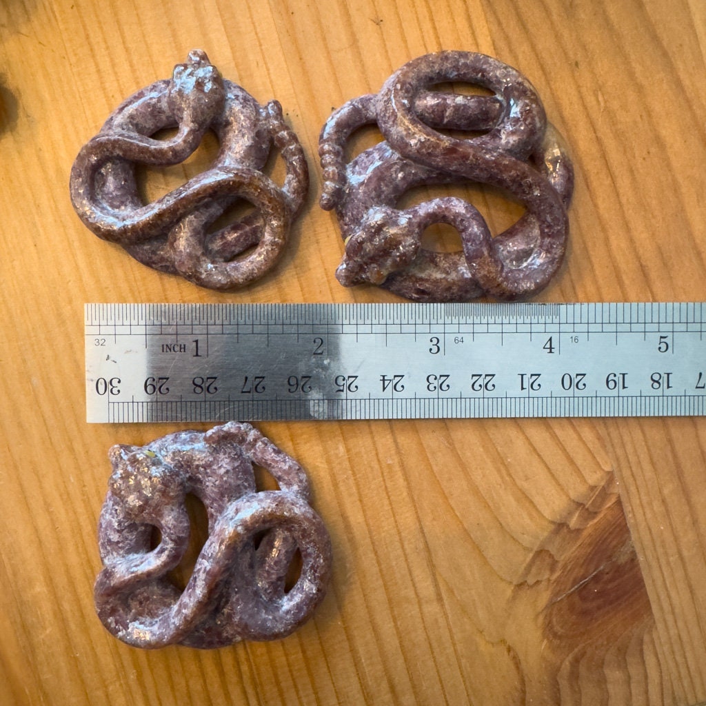 Three Lepidolite Snakes, Detailed and ready for Wearing.