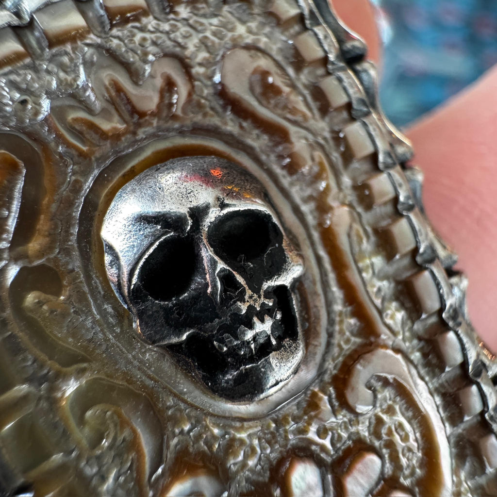 Carved Shell Skull Pendant: Gothic Floral .925 Sterling Silver