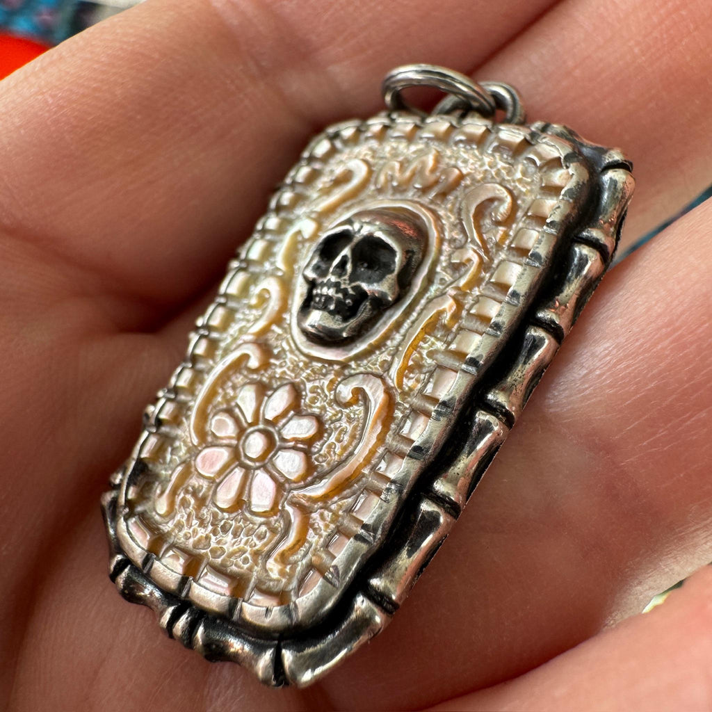 Carved Shell Skull Pendant: Gothic Floral .925 Sterling Silver
