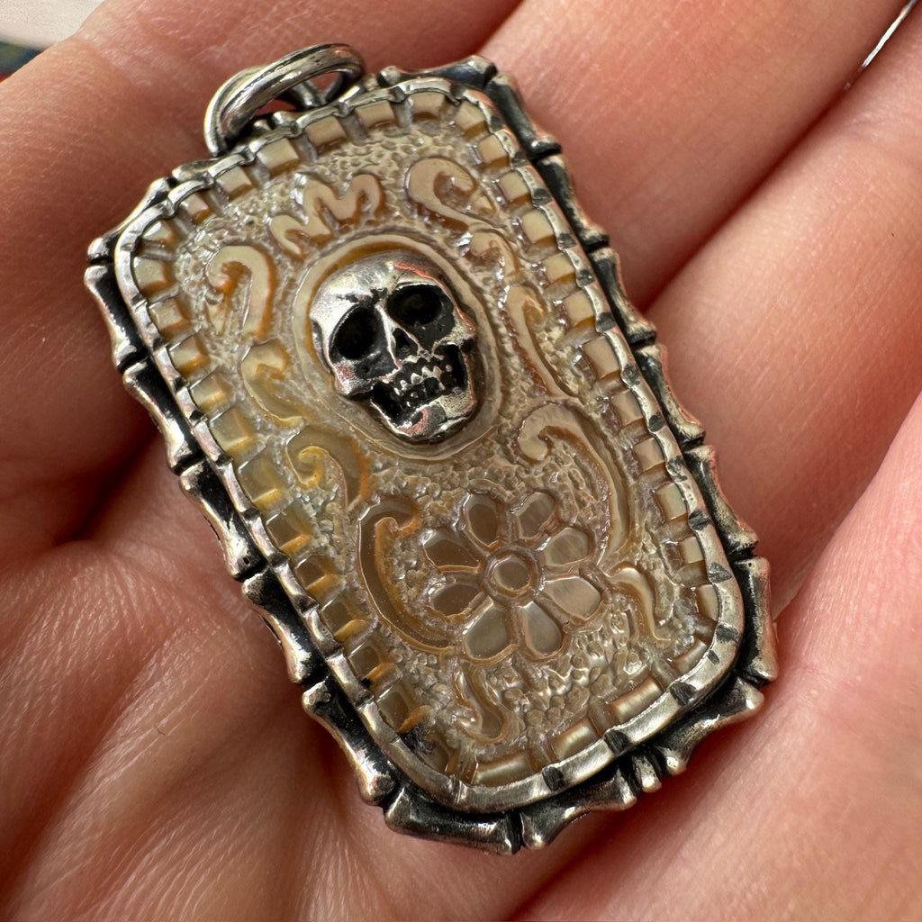 Carved Shell Skull Pendant: Gothic Floral .925 Sterling Silver