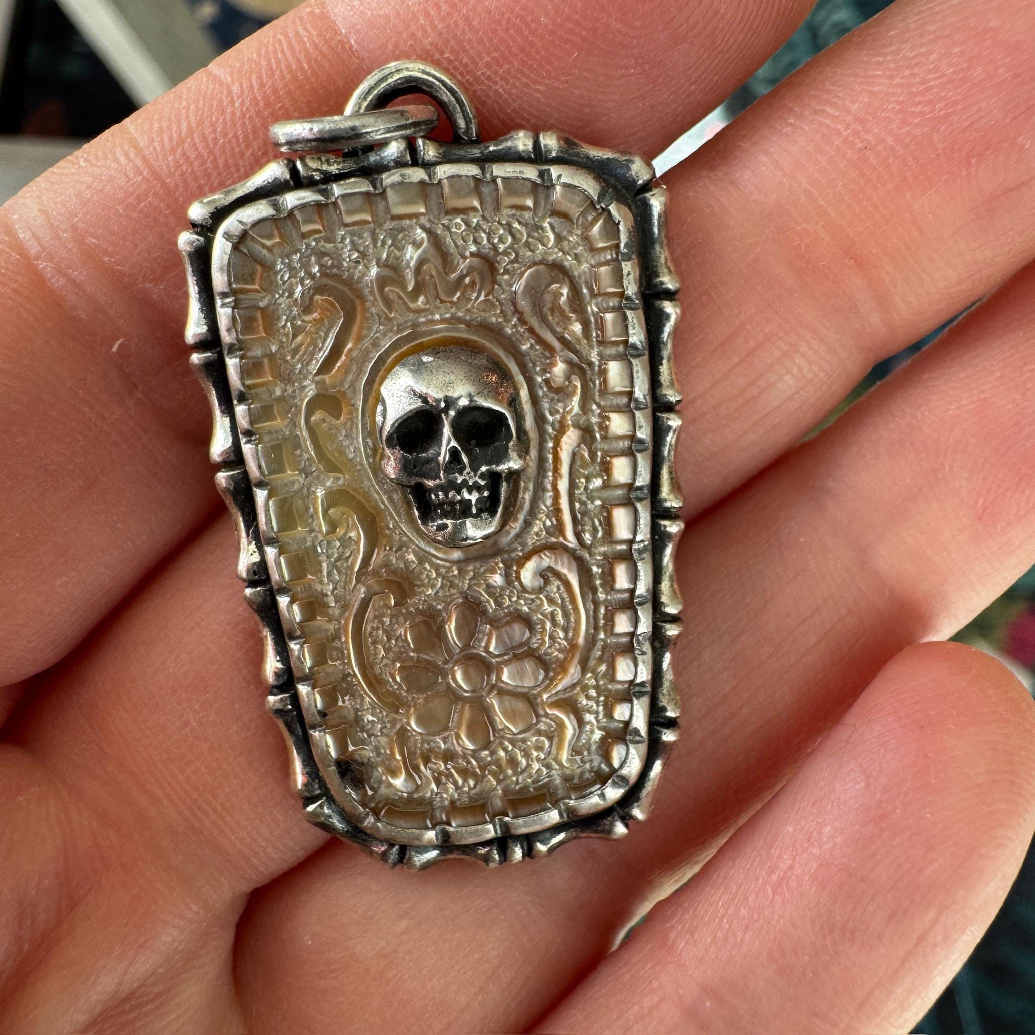 Carved Shell Skull Pendant: Gothic Floral .925 Sterling Silver