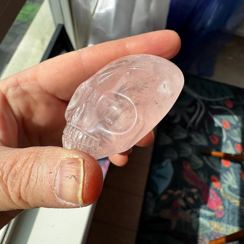 Leandro de Souza Rose Quartz Palm Stone Skull