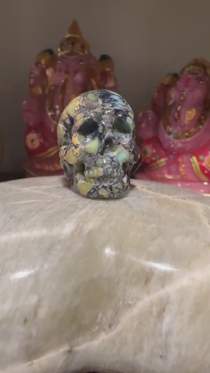 Amazingly Detailed Hand Carved Artifactual Peacock Variscite Skull